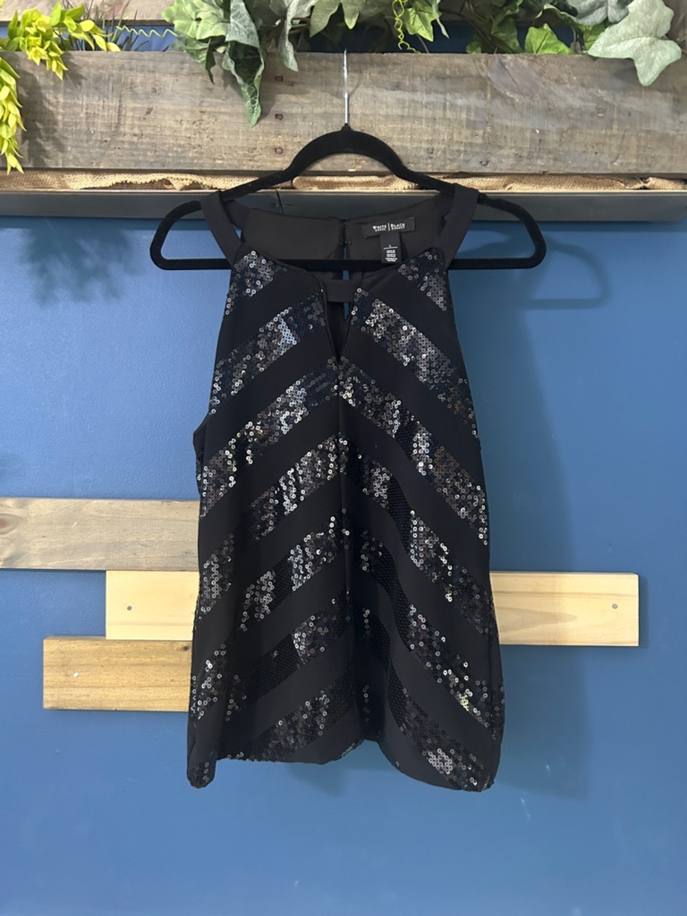 White House Black Market Black Sequin Top Sz Large EUC Worn Once